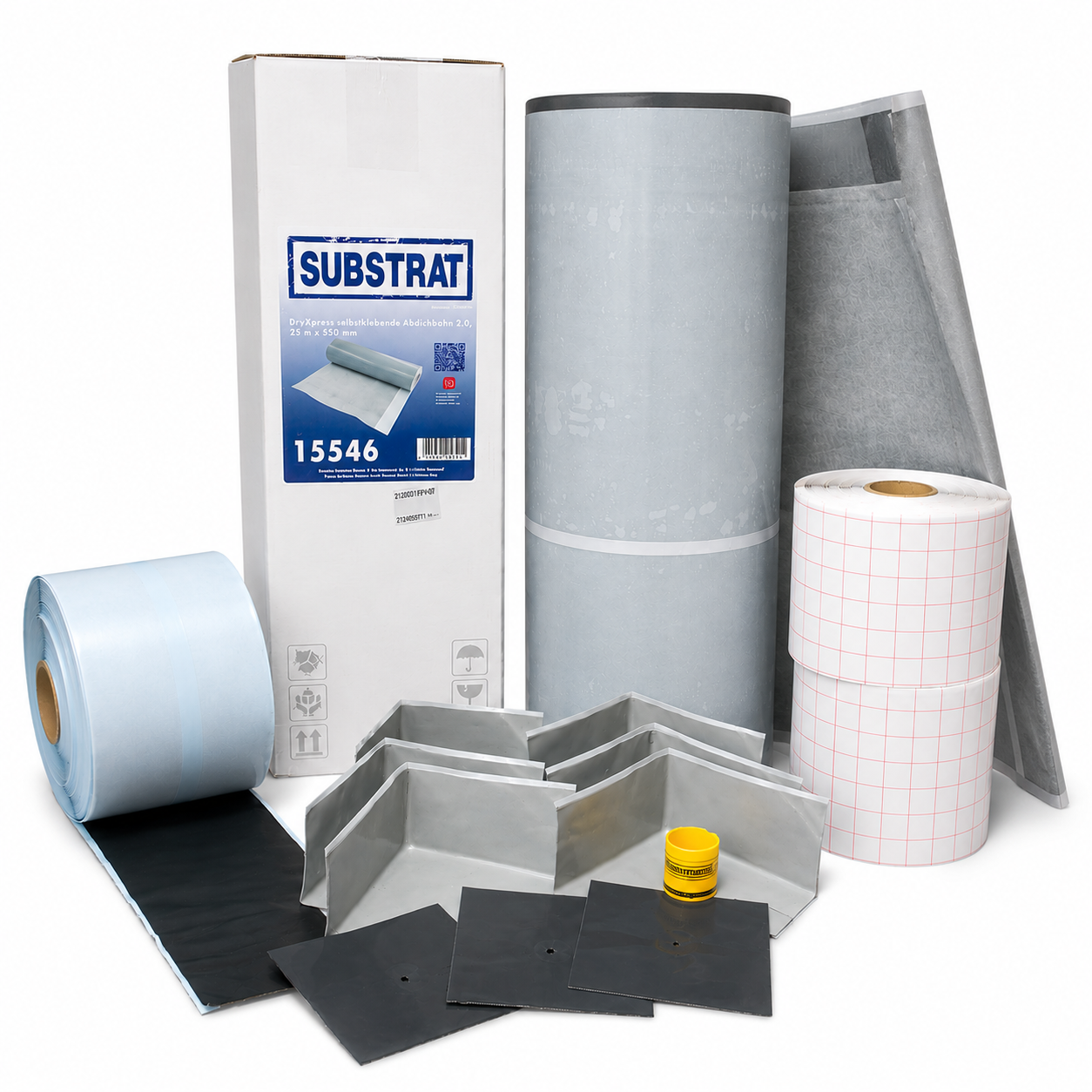 SUBSTRAT ButylXpress complete waterproofing kit with self-adhesive membrane roll, skirting tape, sealing tapes, corners, pipe collar and accessories.
