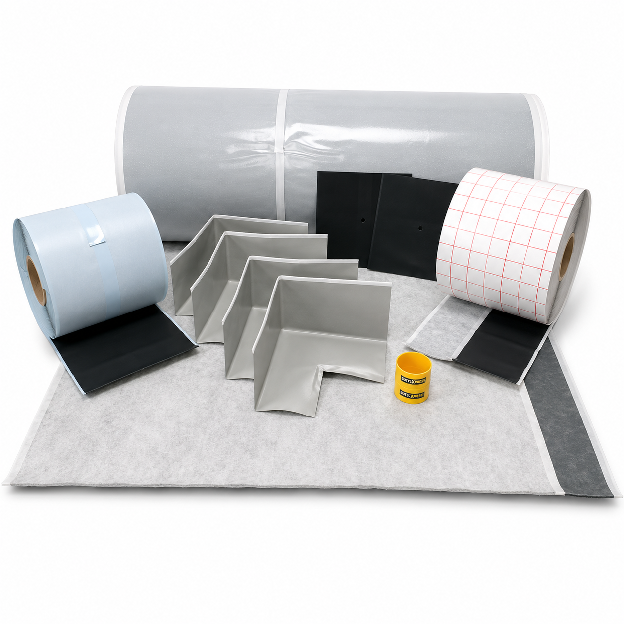 SUBSTRAT ButylXpress self-adhesive waterproofing membrane kit with sealing tapes, internal corners, pipe collar and waterproofing accessories.
