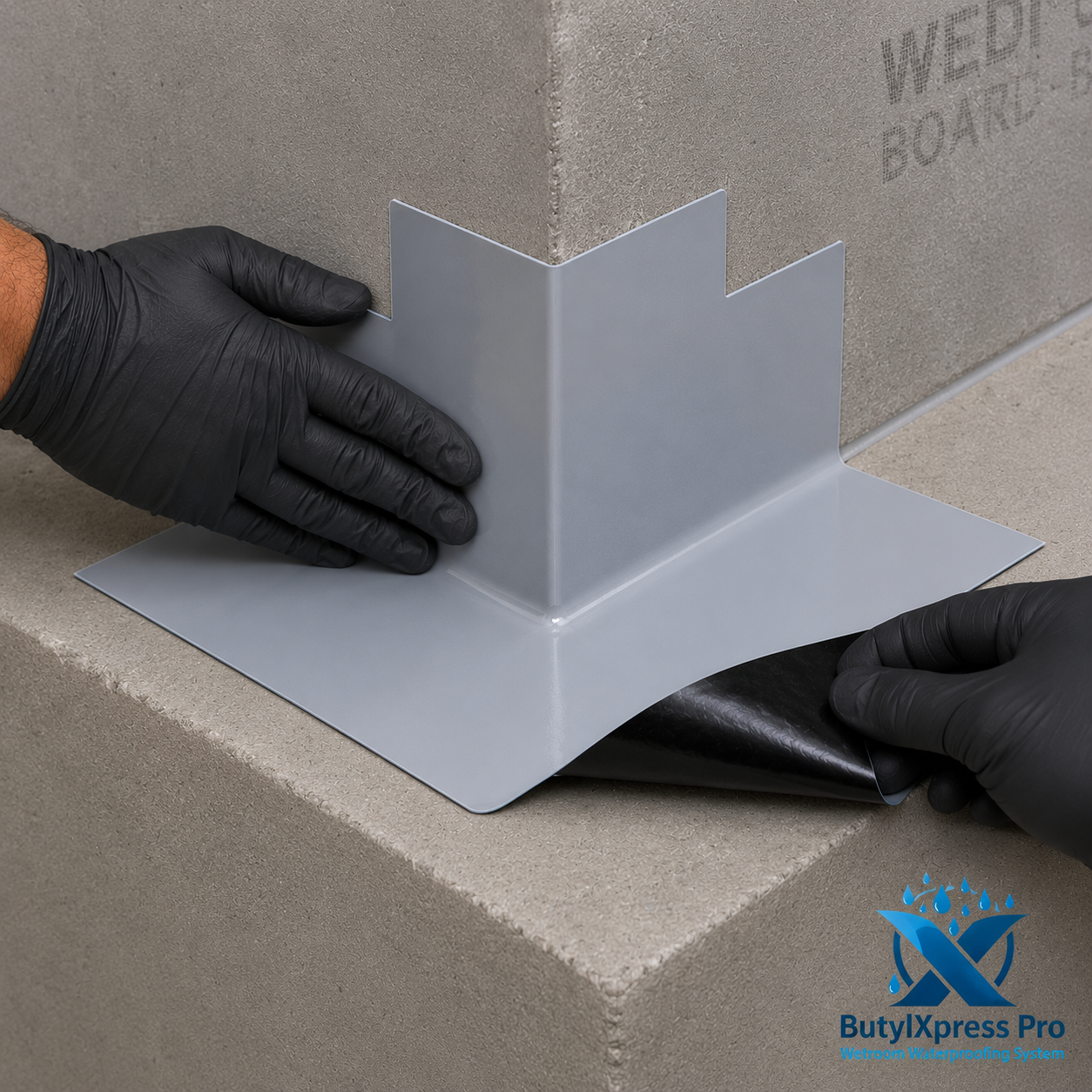 Installer in black gloves fitting a ButylXpress Pro pre-formed self-adhesive external corner piece around a protruding wall corner on a concrete step, peeling the black butyl adhesive liner