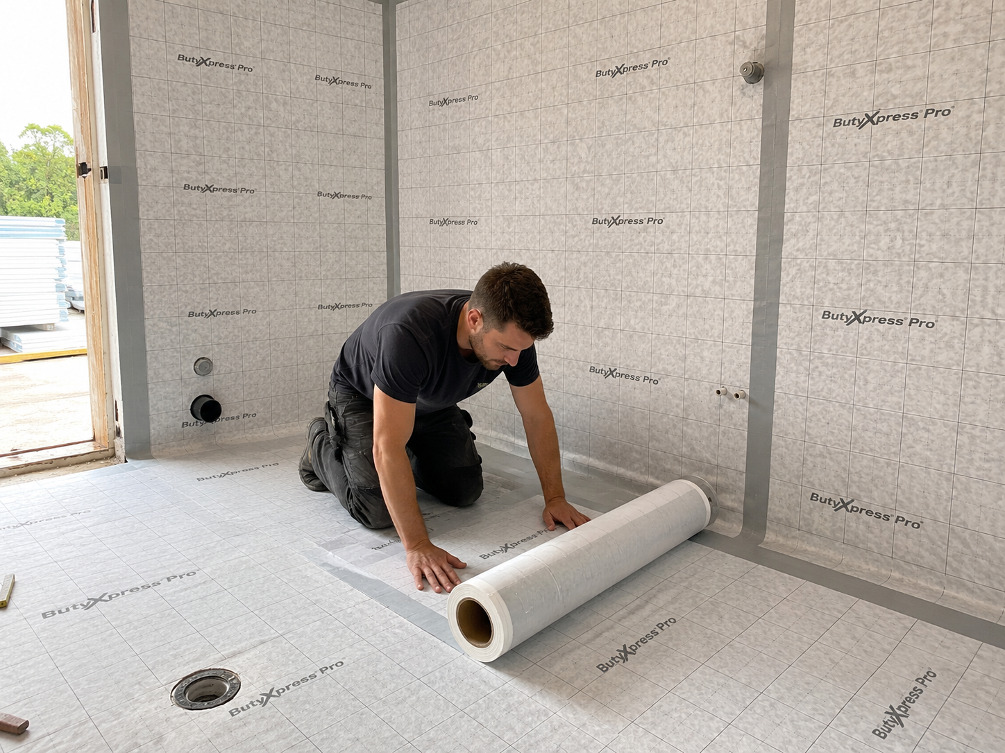Tradesman kneeling on a floor rolling out ButylXpress Pro self-adhesive waterproofing matting across a wetroom floor, with the branded membrane already installed across walls and a floor drain visible