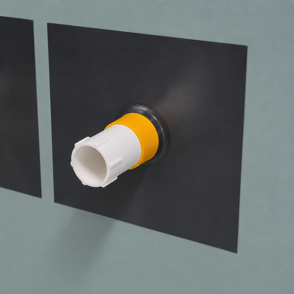 ButylXpress Pro pipe collar with Billy-Click installation tool fitted through waterproof membrane on wall, ready for tiling