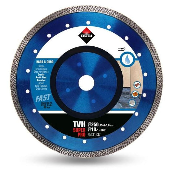 Rubi 250mm TVH Turbo Viper diamond blade — main packshot of the 10 inch turbo-rim straight-cut blade for porcelain and ceramic tiles.