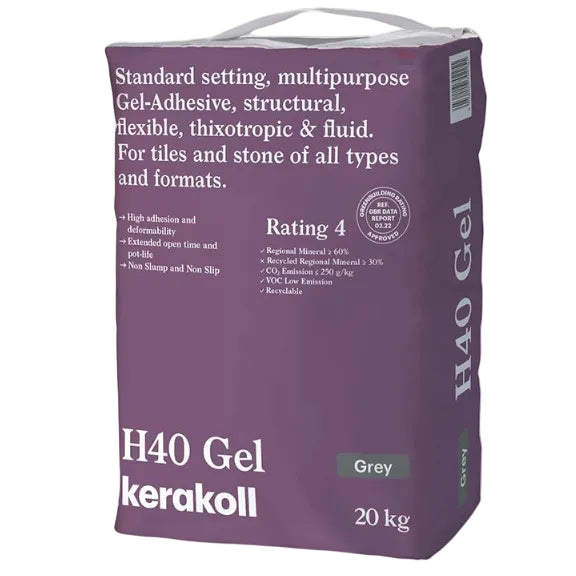 20kg bag of Kerakoll H40 Gel Adhesive Standard Set S1 in Grey — main packshot of the polymer-modified grey tile adhesive for ceramic, porcelain, and natural stone.