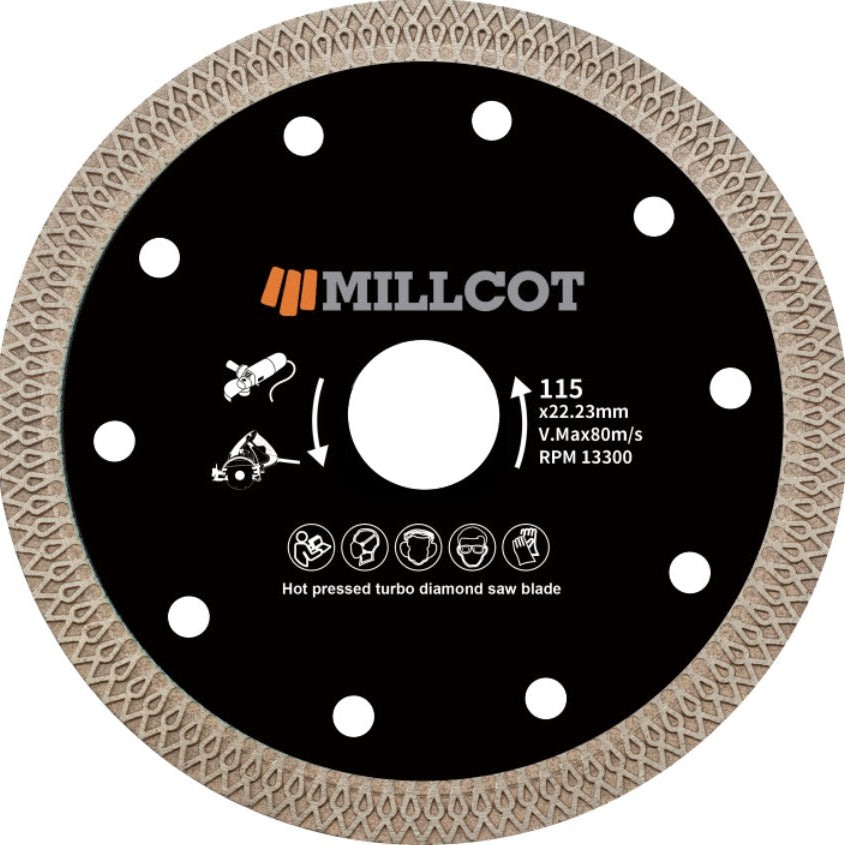 MILLCOT 230mm porcelain diamond blade — 9 inch mesh-rim blade for wet or dry cutting in porcelain, ceramic and hard natural stone