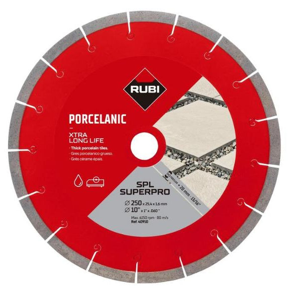 Rubi 250mm SPL diamond blade — main packshot of the 10 inch wet-cut blade for porcelain, ceramic, and natural stone.