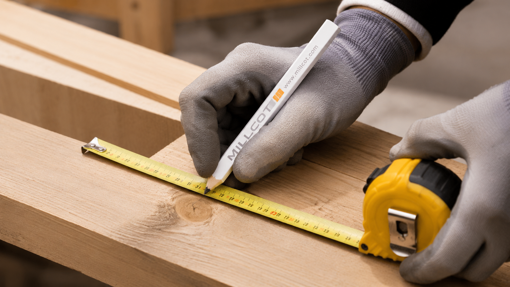 Millcot Carpenters Pencil marking timber on a workbench