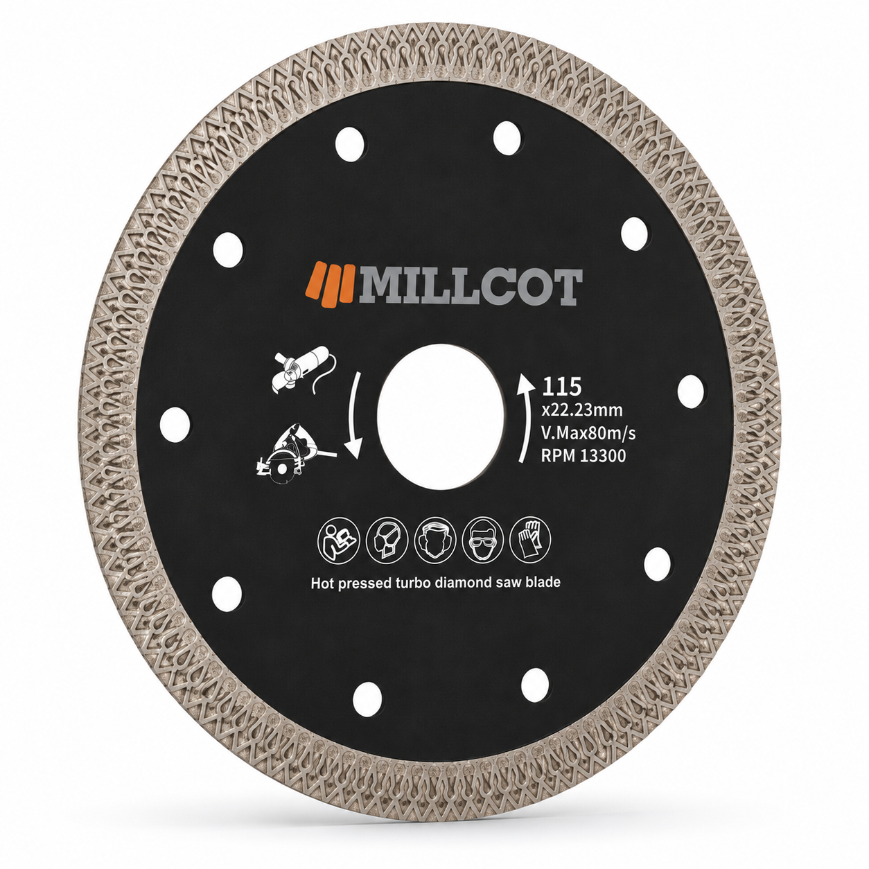 MILLCOT professional tile and porcelain mesh diamond blade shown upright beside a large-format porcelain tile, highlighting the continuous mesh rim for chip-free cutting on angle grinders and tile saws
