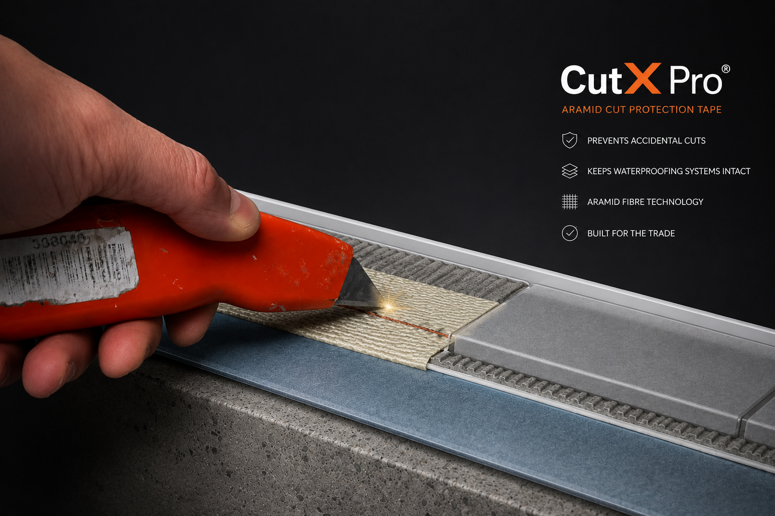 A hand holding an orange utility knife tries to cut CutX Pro aramid cut protection tape on a substrate, with product features listed on a dark background.