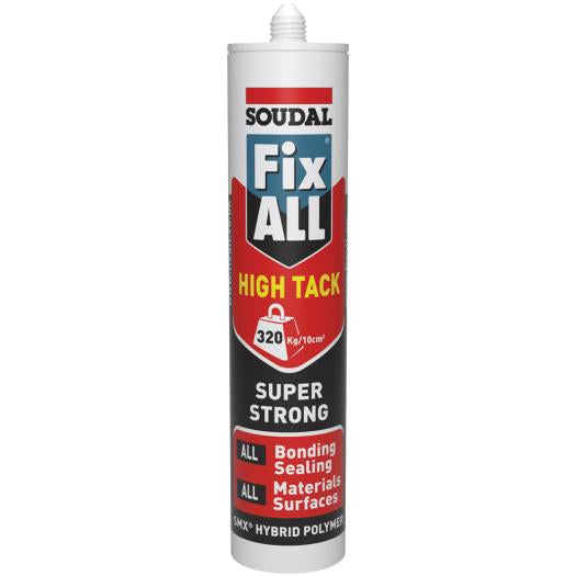 Tube of Soudal Fix ALL High Tack in White — main packshot of the instant-grab MS-polymer construction adhesive.