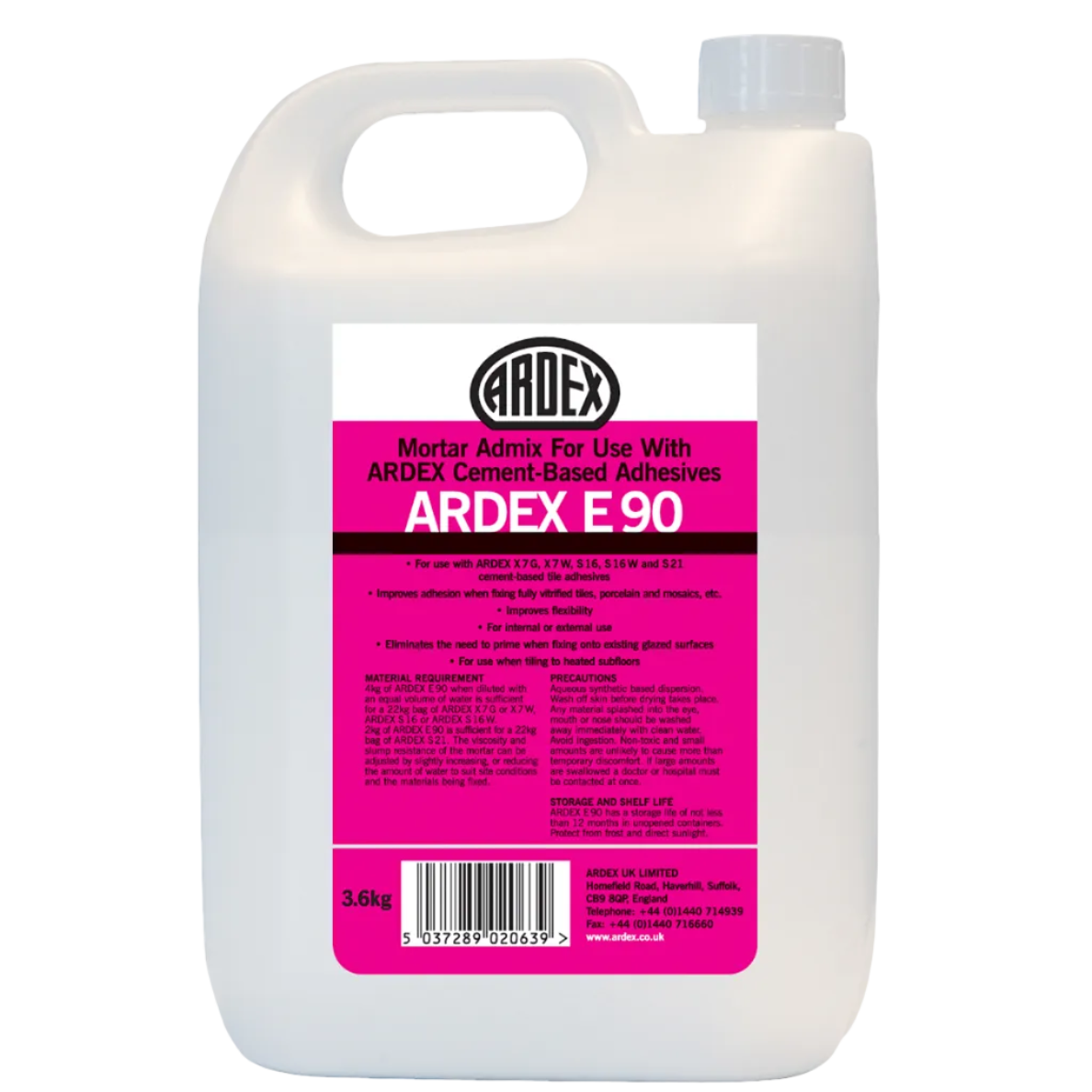 3.6kg tub of Ardex E90 Additive — main packshot of the liquid latex polymer additive for enhancing tile adhesives and grouts.