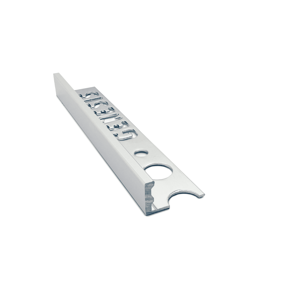Genesis ESA aluminium straight edge tile trim in Matt Silver finish, 10mm depth, 2.5m length