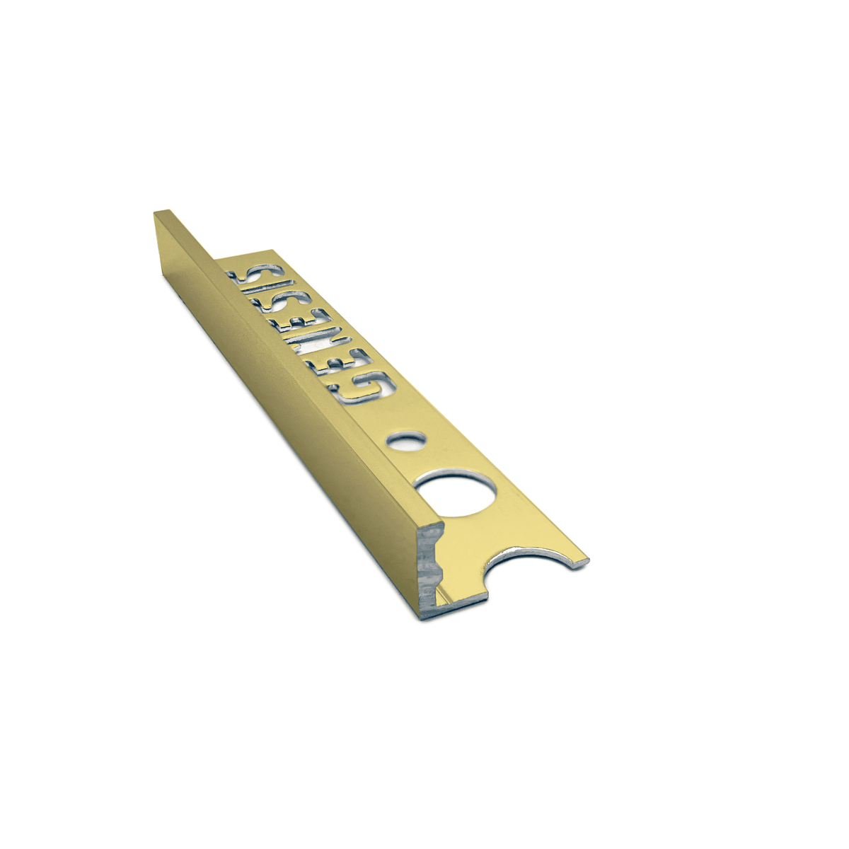 Genesis ESA aluminium straight edge tile trim in Bright Brass finish, 10mm depth, 2.5m length