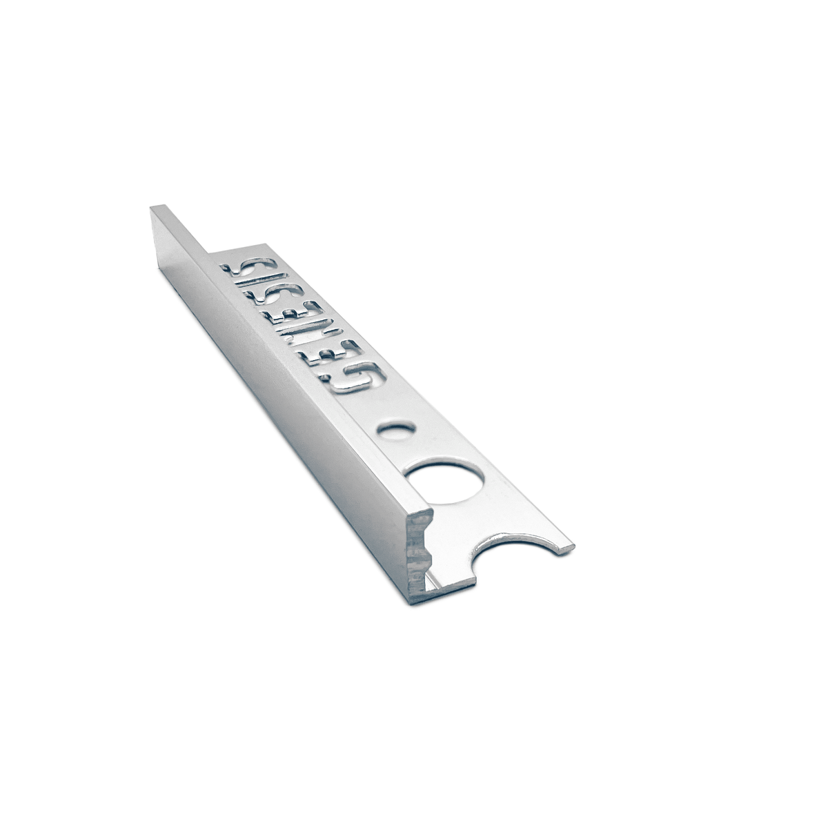 Genesis ESA aluminium straight edge tile trim in Bright Silver finish, 10mm depth, 2.5m length