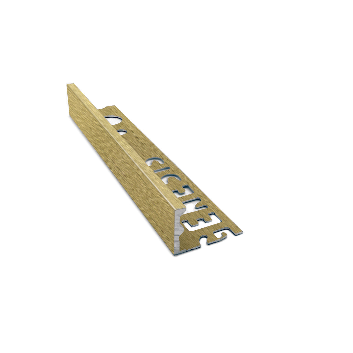 Genesis ESA aluminium straight edge tile trim in Brushed Brass finish, 15mm depth, 2.5m length