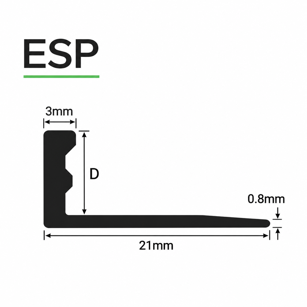 Genesis ESP PVC straight edge tile trim profile dimensions diagram