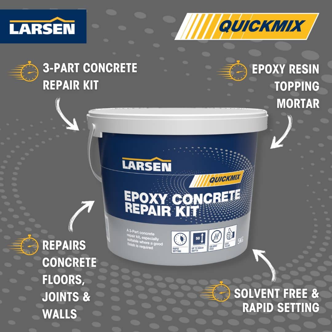 Larsen Quickmix Epoxy Concrete Repair Kit secondary packshot — angled view of the grey Quickmix bucket showing the Epoxy Concrete Repair Kit label.