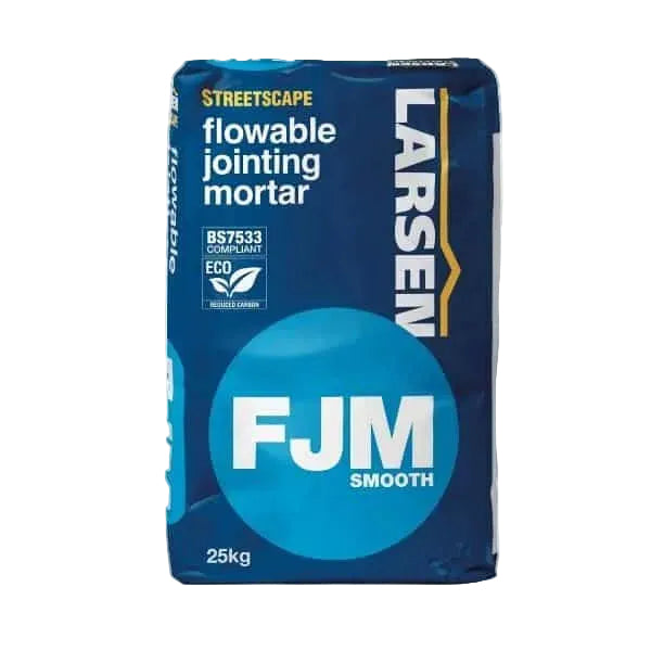 Larsen FJM Eco Smooth bag — main packshot of the flowable jointing mortar shown in the smooth-finish white-formulation packaging.