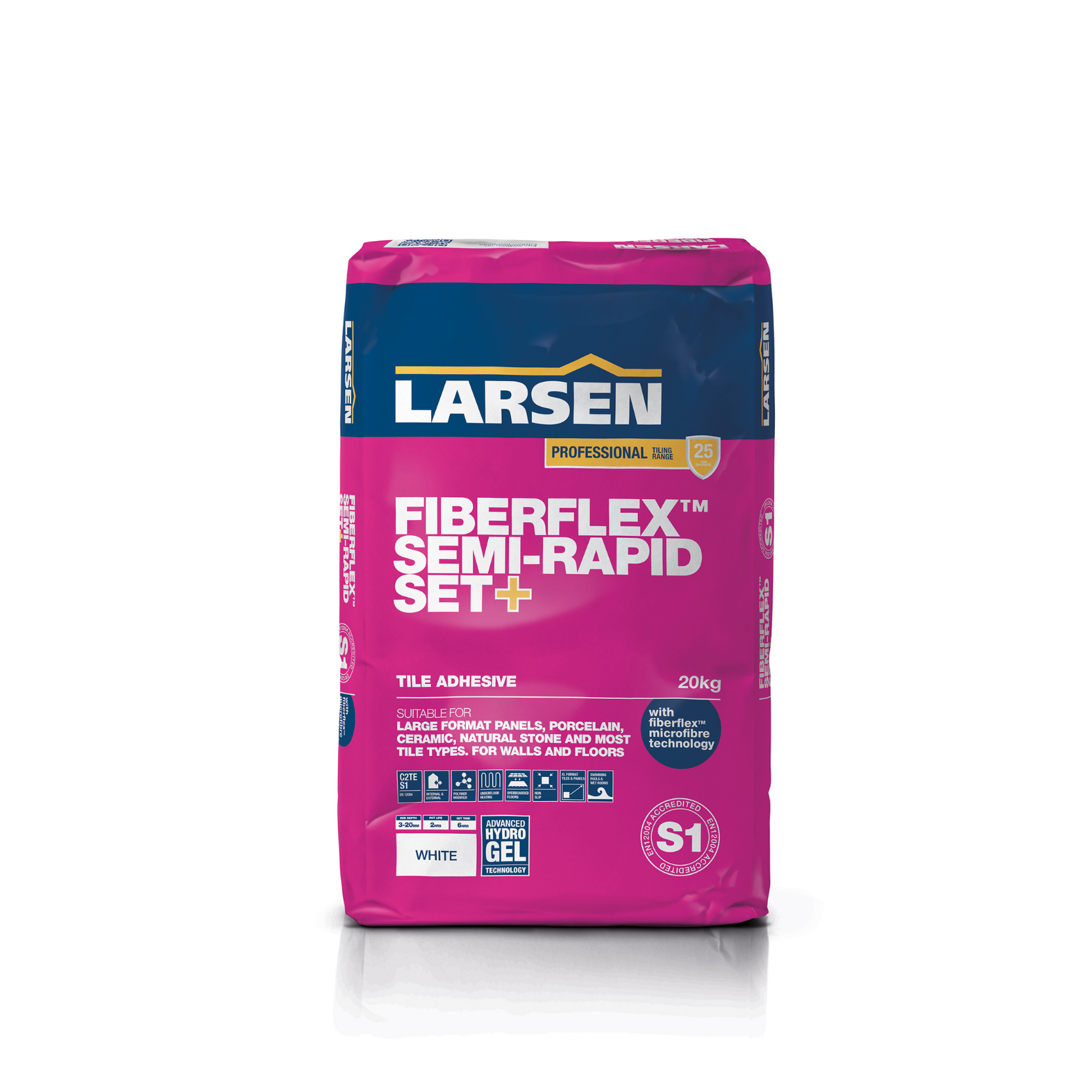 20kg bag of Larsen FiberFlex Semi-Rapid Set+ Pro Range Tile Adhesive — main packshot of the microfibre-reinforced semi-rapid-set flexible tile adhesive.