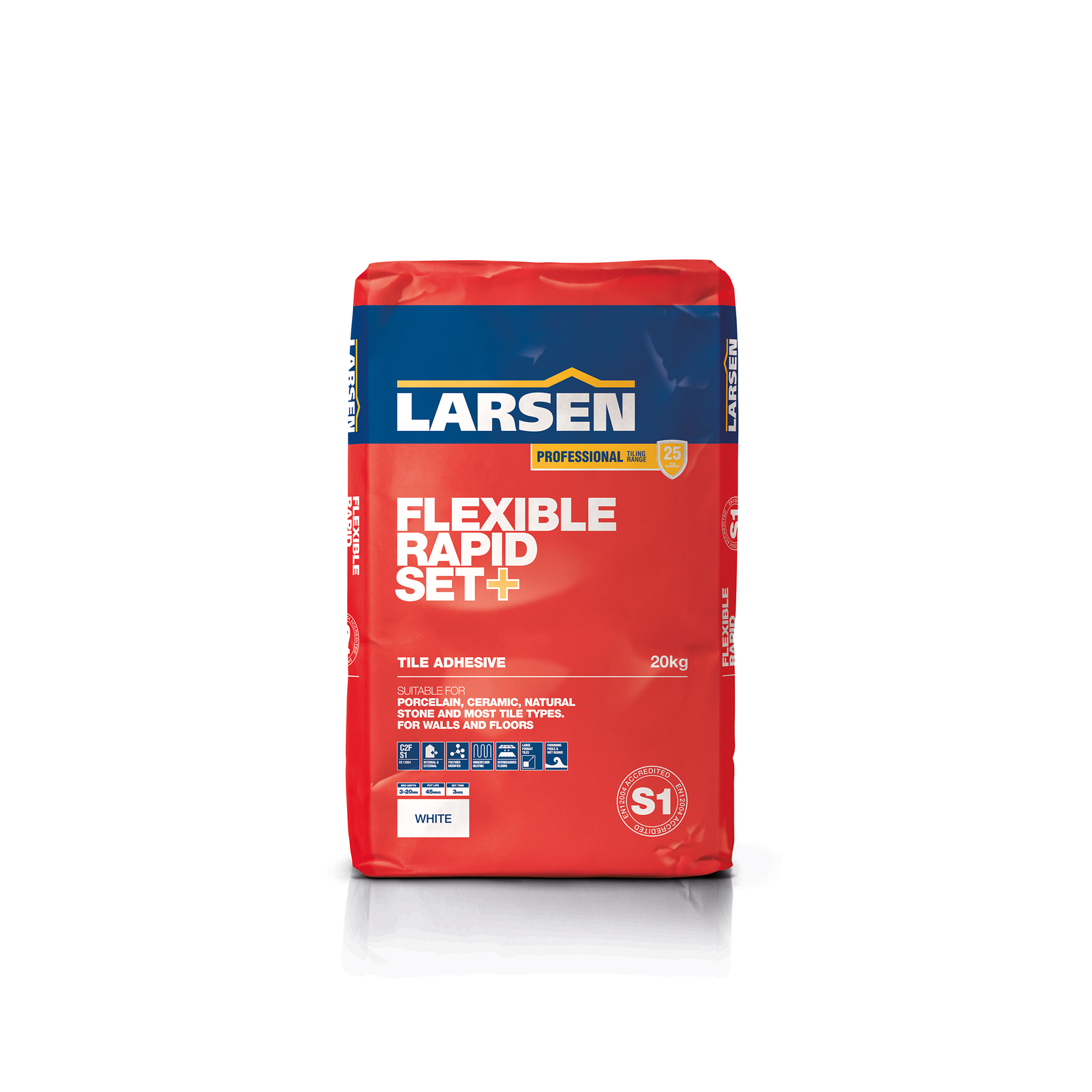 20kg bag of Larsen Flexible Rapid Set+ Pro Range Tile Adhesive — main packshot of the C2F flexible rapid-set tile adhesive.