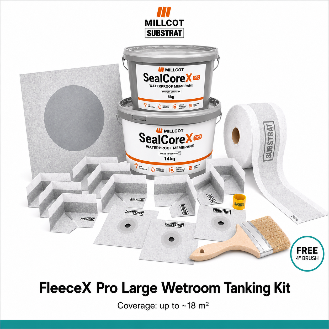 MILLCOT SUBSTRAT FleeceX Pro Large Wetroom Tanking Kit — 20kg SealCoreX liquid membrane, flexible fleece tanking tape, internal corners, pipe and floor drain collars and a free brush for large wetroom waterproofing, on a white background.