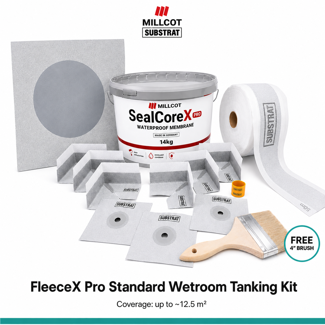 MILLCOT SUBSTRAT FleeceX Pro Standard Wetroom Tanking Kit — SealCoreX liquid membrane, flexible fleece tanking tape, internal corners, pipe and floor drain collars and a free brush for wetroom waterproofing, on a white background.