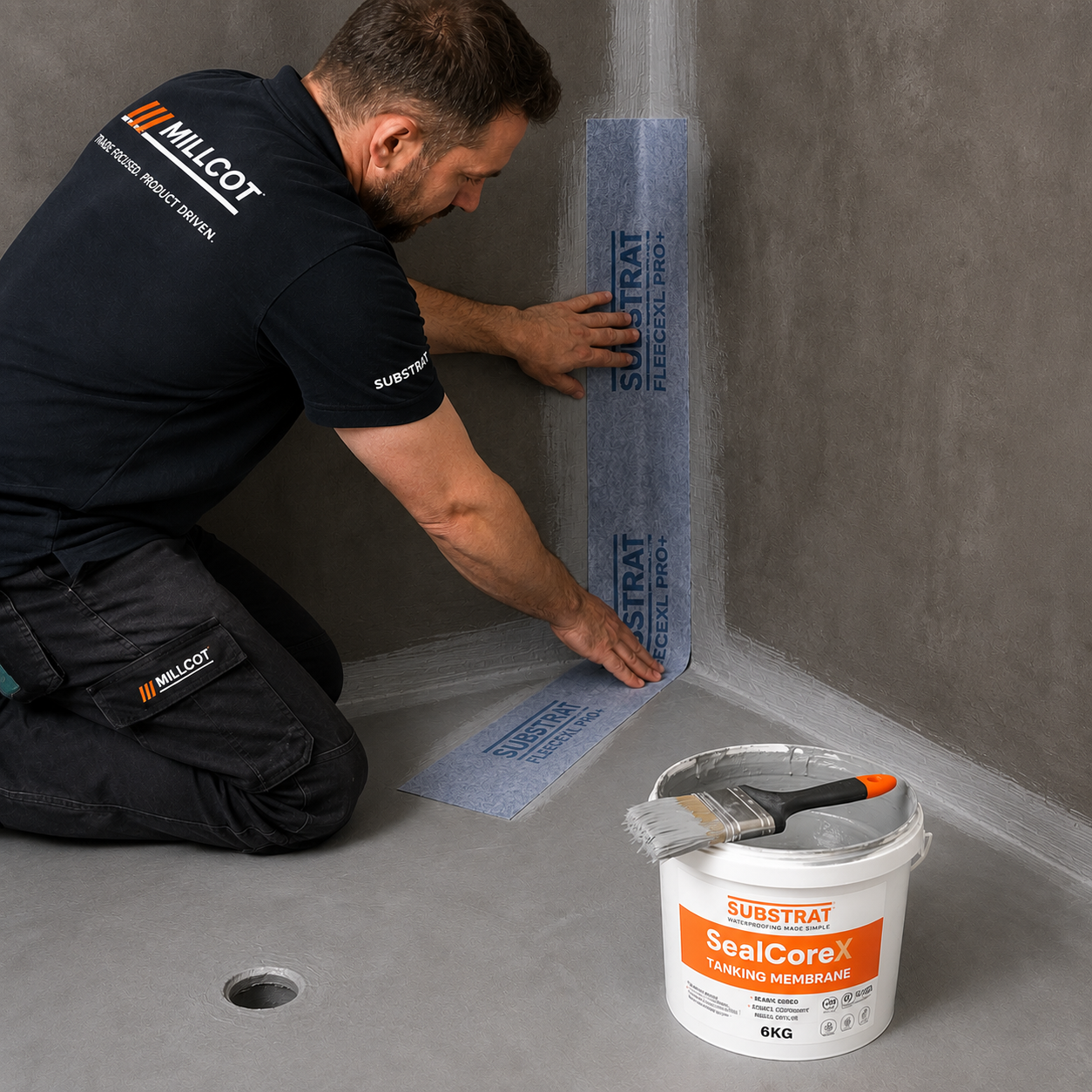 A man in a Millcot branded black uniform kneels in a concrete shower stall corner, applying a blue FleexeXL waterproofing membrane from Substrat SealCoreX. A white bucket of the same waterproofing product with a paintbrush rests on the floor in the foreground.