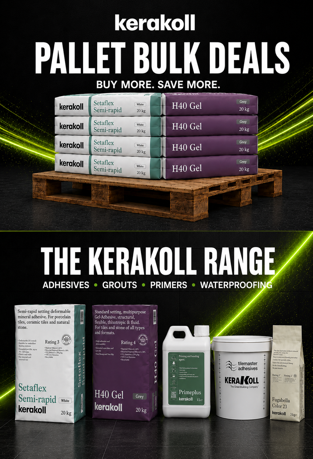 Promotional graphic for Kerakoll pallet bulk deals showing stacked Kerakoll H40 Gel packages on a wooden pallet, with text reading 'PALLET BULK DEALS' and 'THE KERAKOLL RANGE' above a lineup of product boxes and containers including Setaflex Semi-rapid Kerakoll, H40 Gel, Primers, and Waterproofing products.