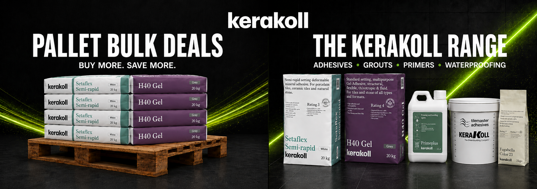 Kerakoll bulk adhesive and grout products displayed on a dark promotional background, including stacked boxes on a wooden pallet and several product containers on the right under the heading 'THE KERAKOLL RANGE'.