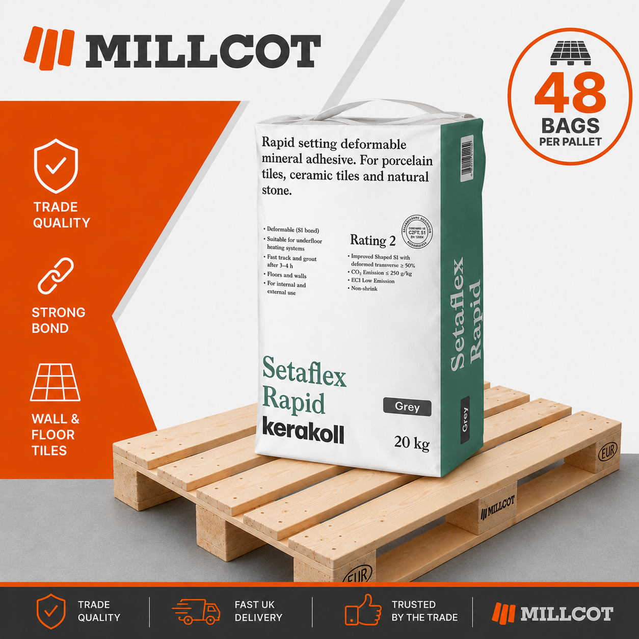 Kerakoll Setaflex Rapid Set Grey Tile Adhesive Full Pallet 48 x 20kg Bags
