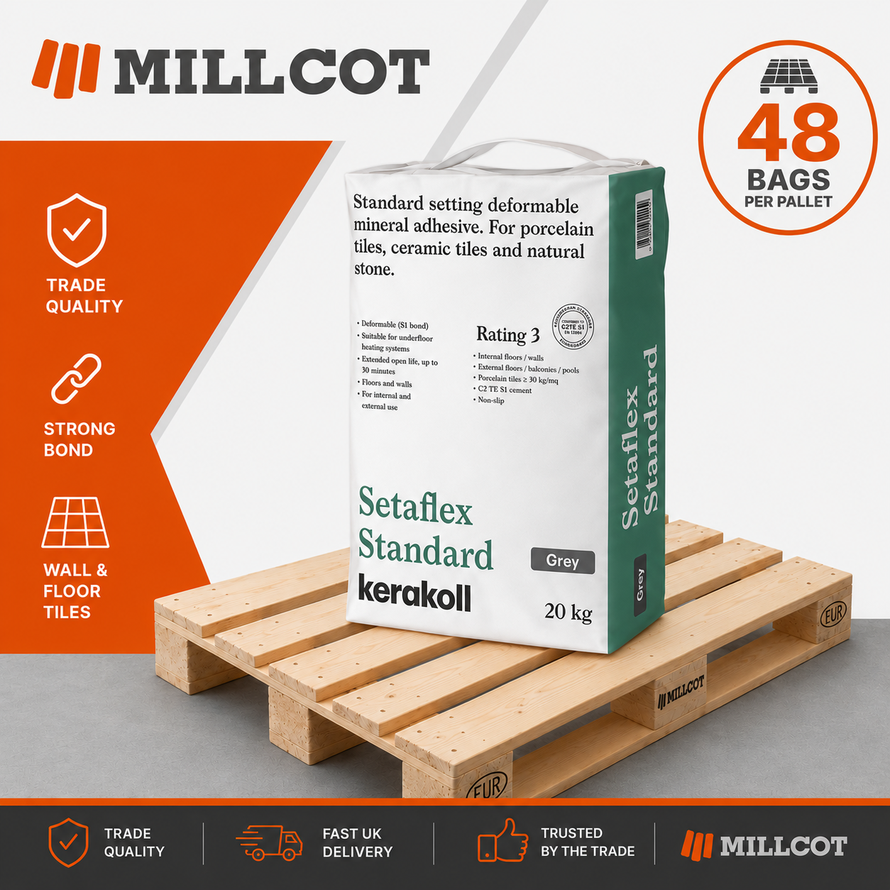 Kerakoll Setaflex Standard Set Grey Tile Adhesive Full Pallet 48 x 20kg Bags
