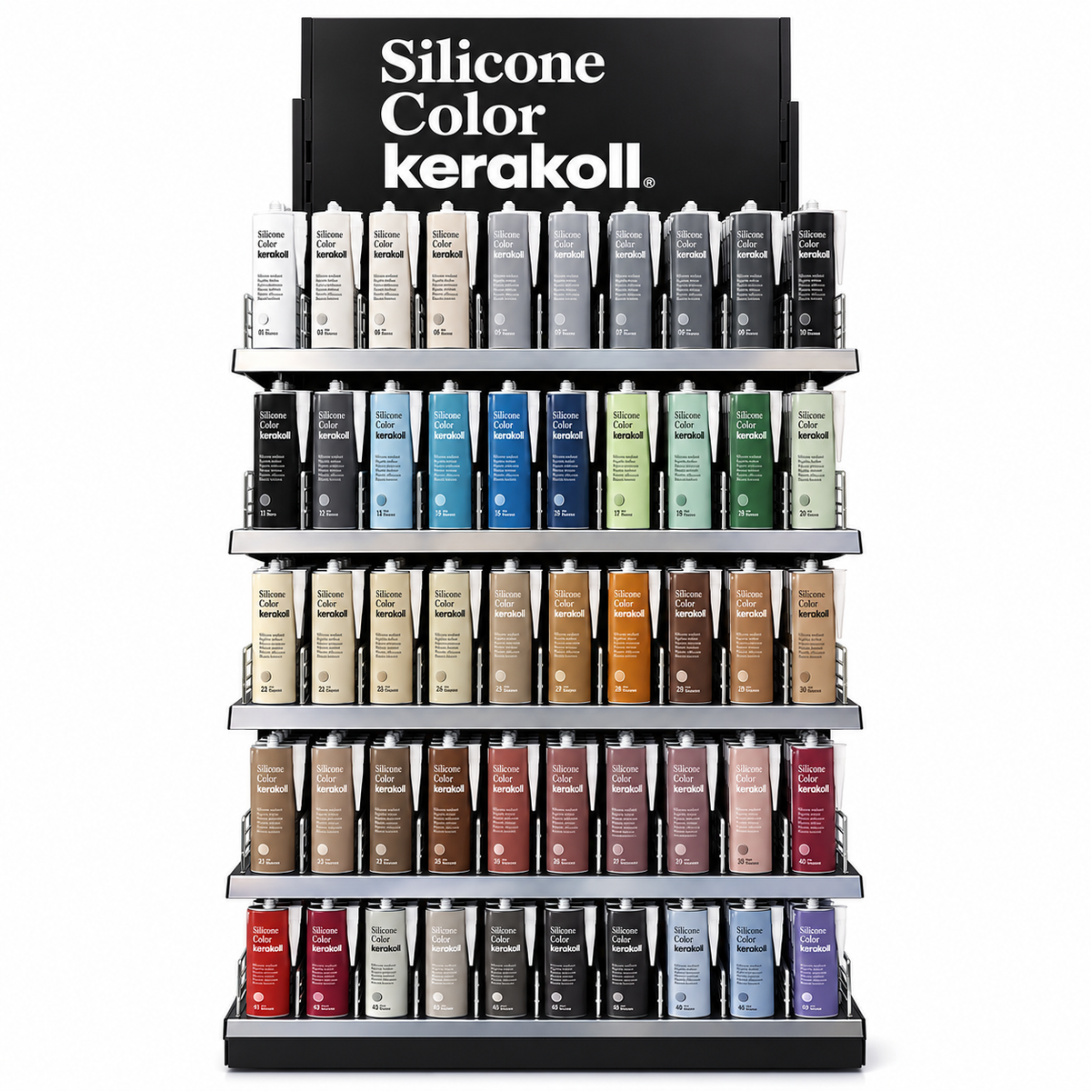 Kerakoll Silicone Color sealant display stand featuring a full range of coloured silicone cartridges for tiling, bathrooms and wet areas.