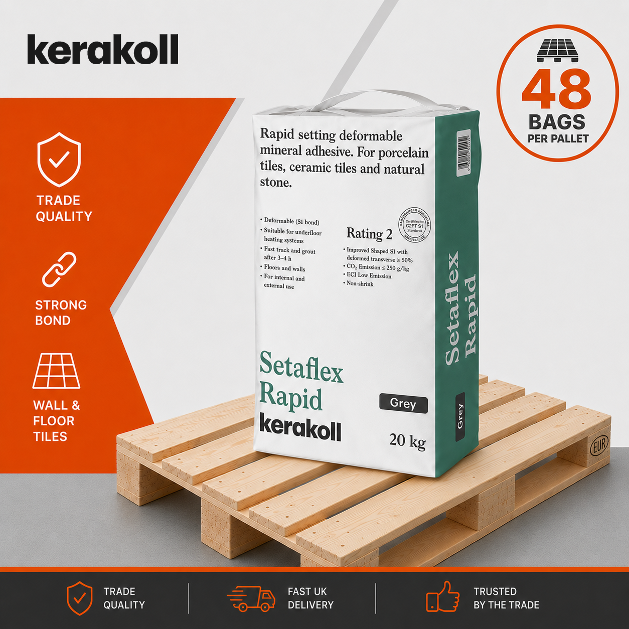 Kerakoll Setaflex Rapid Set S1 flexible tile adhesive grey 20kg full pallet of 48 bags