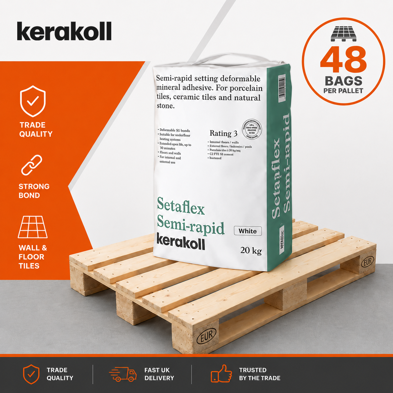 Kerakoll Setaflex Semi-Rapid S1 flexible tile adhesive white 20kg full pallet of 48 bags