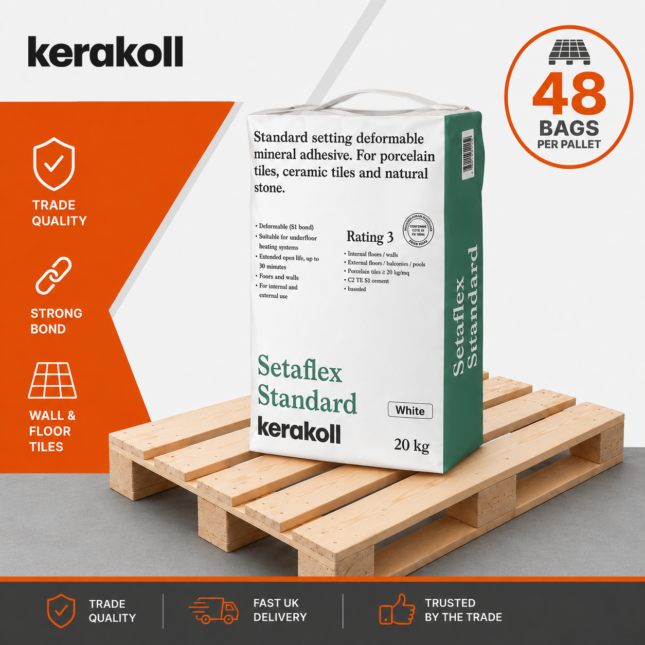 Kerakoll Setaflex Standard Set S1 flexible tile adhesive white 20kg full pallet of 48 bags