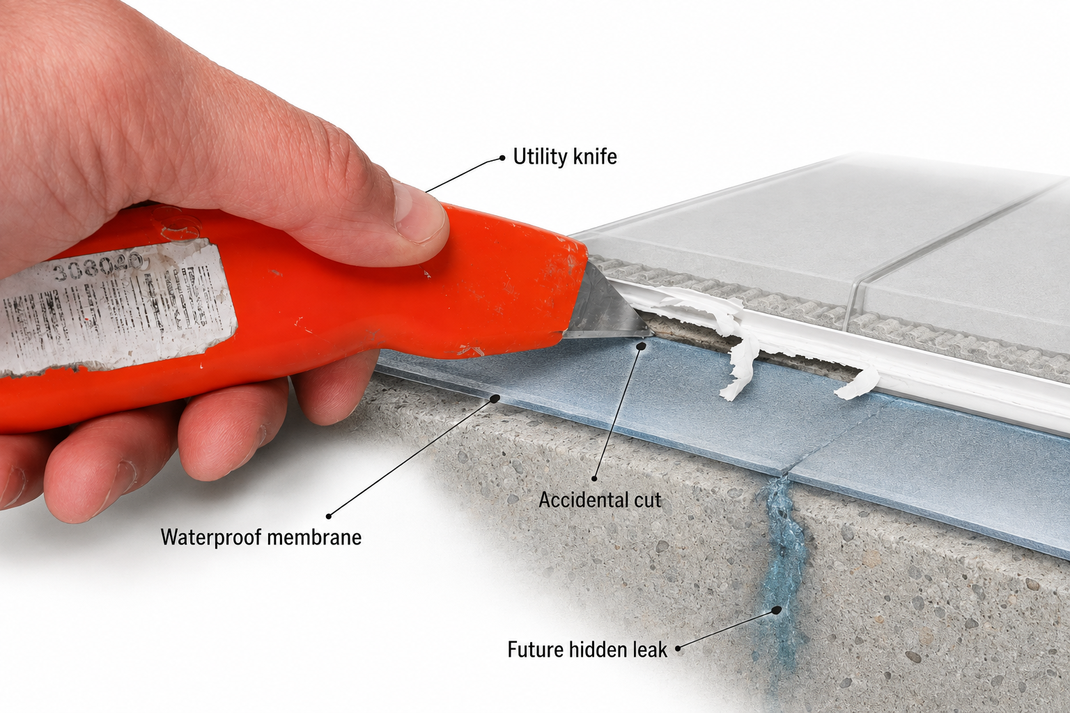 A hand holds an orange utility knife against a tiled section with callout labels pointing to the utility knife, waterproof membrane, accidental cut, and future hidden leak.
