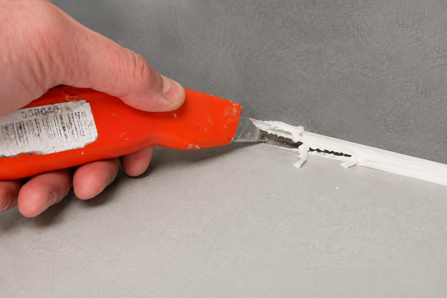 A close-up of a hand holding an orange utility knife and scraping silicone away from between the floor and wall junction on tiles