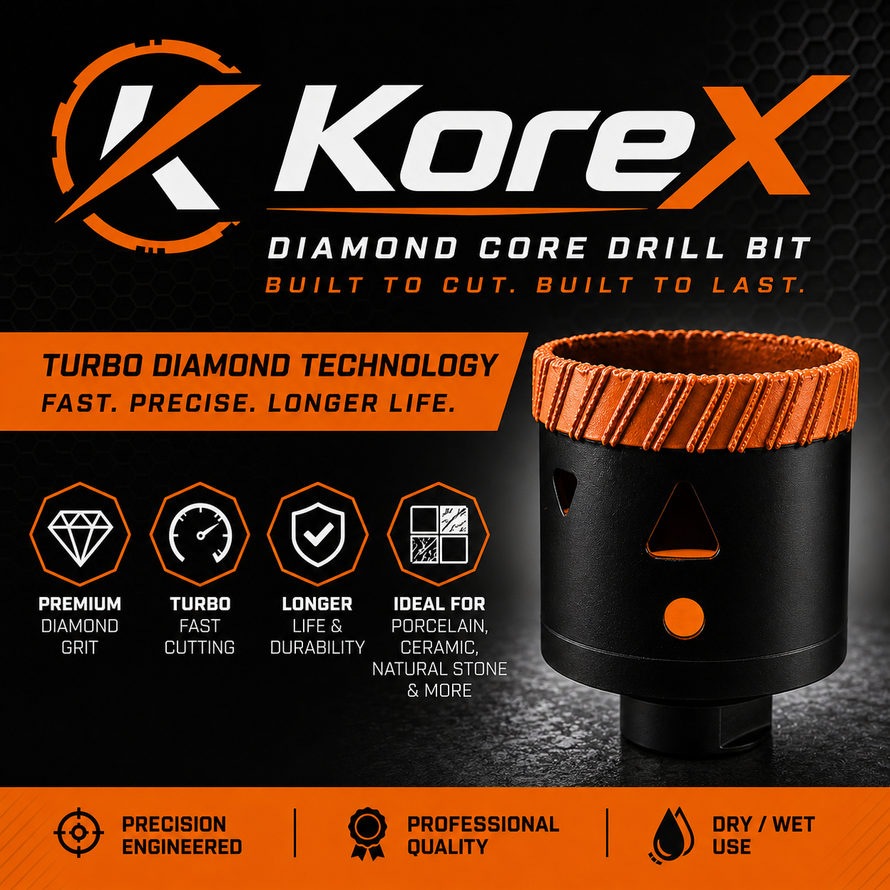 KoreX M14 diamond core drill bit set for porcelain, ceramic and natural stone tiles, sizes 6mm to 50mm