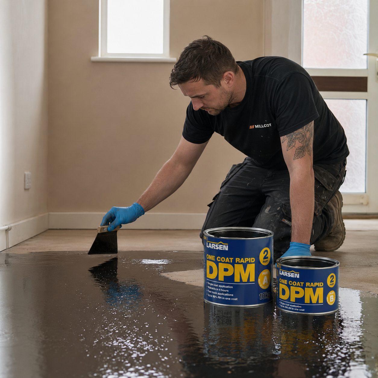 A man wearing a black Millcot t-shirt and blue gloves kneels on a screed floor, applying a Larsen rapid damp proof membrane with a trowel. Two blue and yellow cans of Larsen One Coat Rapid DPM are placed on the floor in front of him in a room with beige walls and windows.