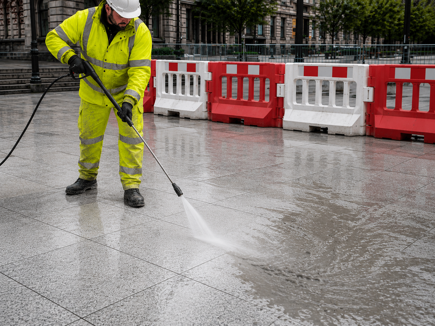 A worker in a high-visibility yellow safety suit and white hard hat uses a pressure washer to clean off Larsen FJM on a wet stone pavement, with red and white barriers and a building in the background.