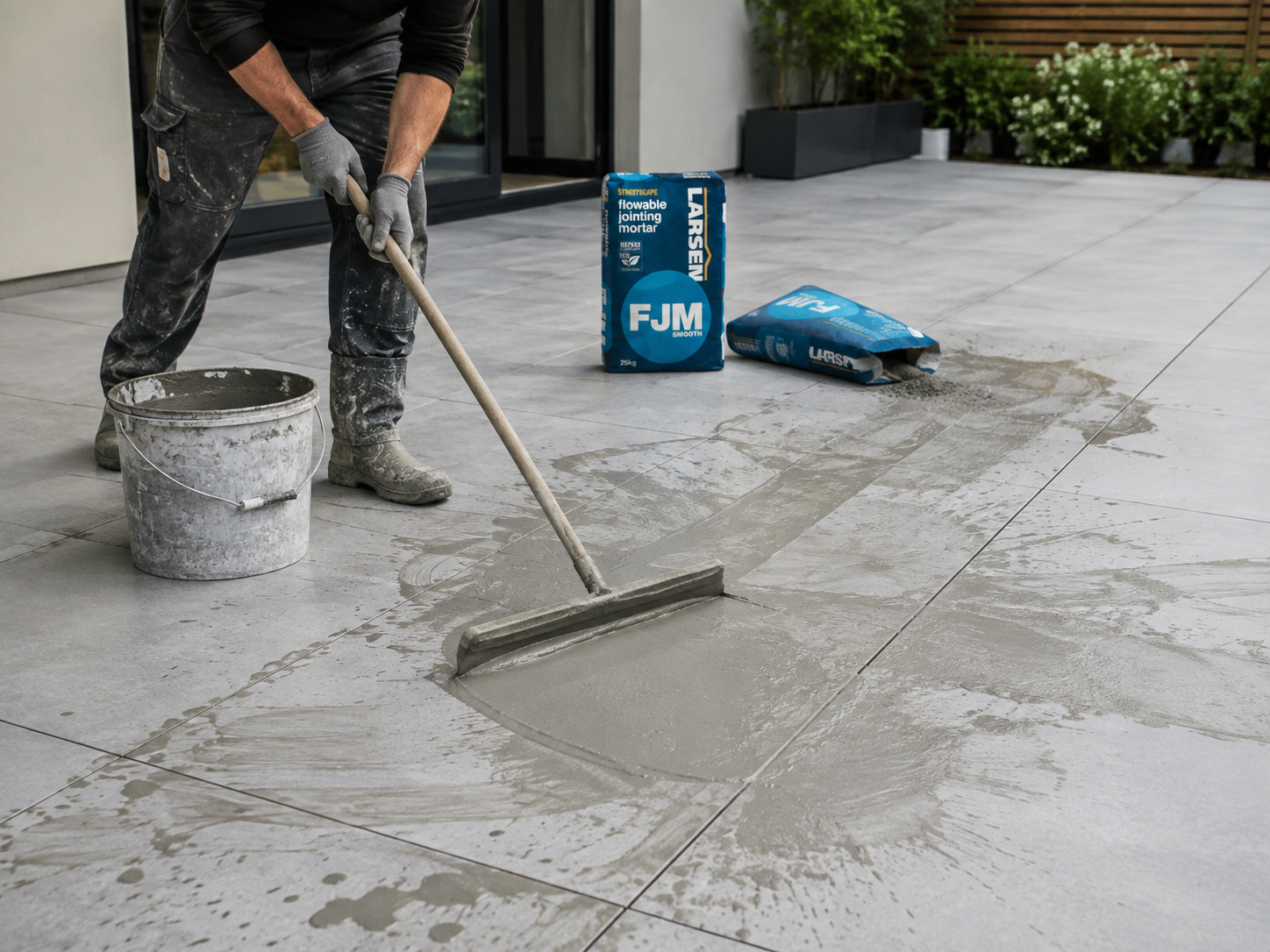 A person wearing work clothes and gloves uses a squeegee to apply wet Larsen FJM to a tiled patio. A bucket of wet mix and 2 bags of Larsen FJM are visible on the patio in front of a modern building.