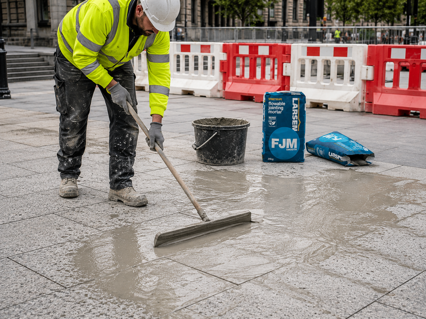 A construction worker in a high-visibility yellow jacket and white hard hat uses a squeegee to grout wet stone pavement. Blue bags of Larsen FJM, along with a bucket, are placed nearby on the tiled outdoor surface.