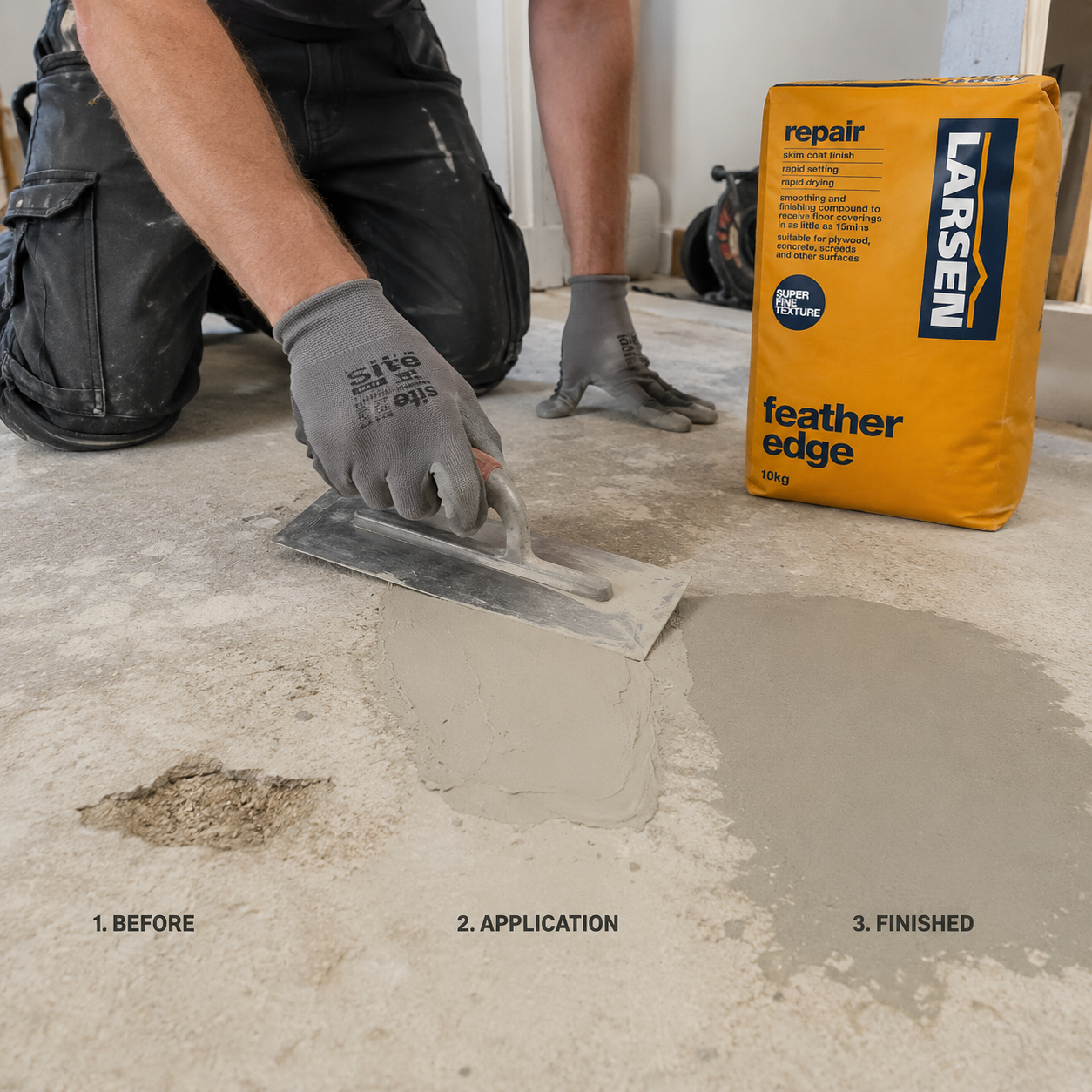 Larsen Feather Edge smoothing compound being trowel applied to repair and feather minor floor imperfections.