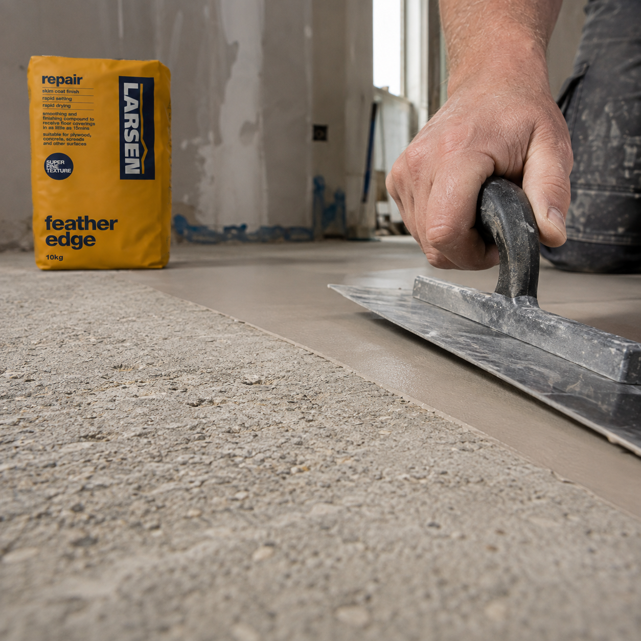 Close-up of Larsen Feather Edge forming an ultra-thin smooth feather edge over a prepared subfloor.