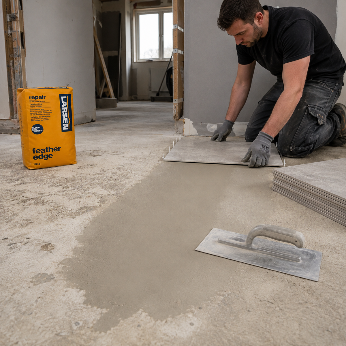 Prepared floor smoothed with Larsen Feather Edge ready for installation of the final floor covering.