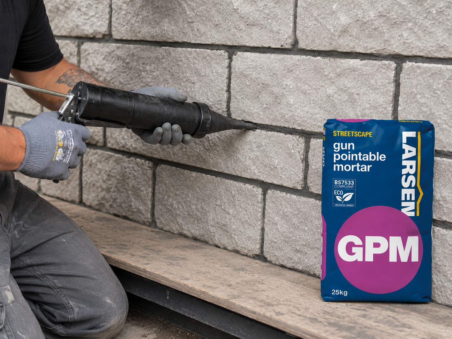 A person wearing gray gloves applies Larsen gpm charcoal mortar with a caulking gun to a stone masonry wall. A blue bag of Larsen Streetscape GPM gun pointable mortar is placed on a wooden board next to the work area.