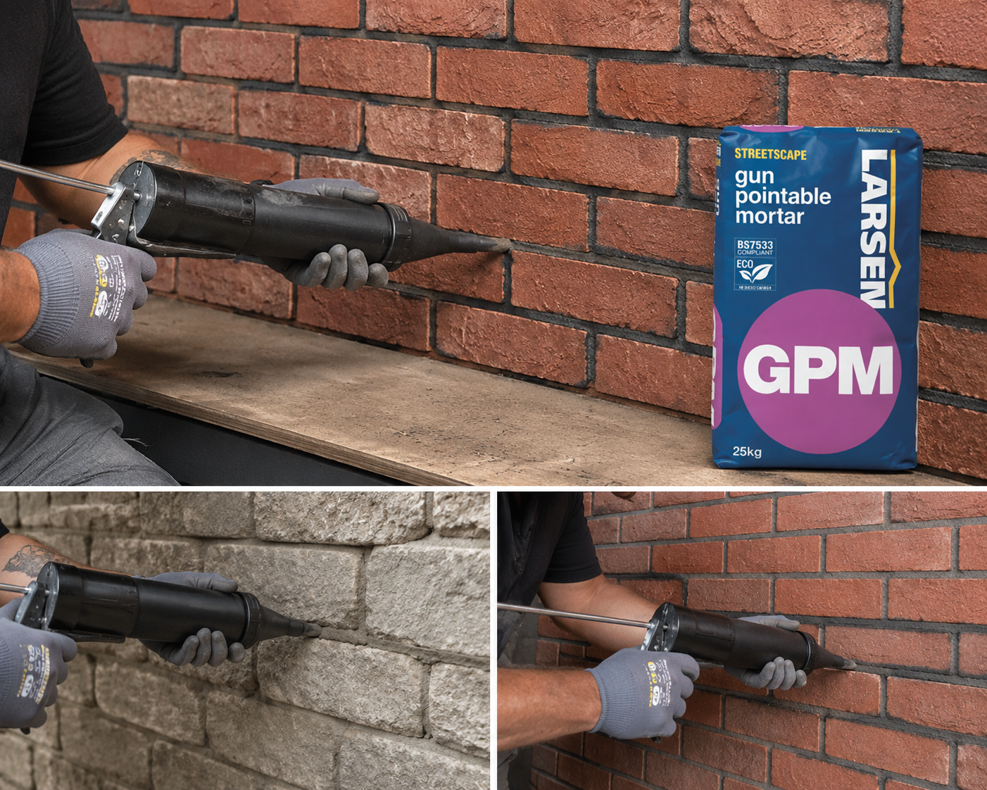 Three-panel collage showing a person using a black gun pointable mortar tool against a brick wall and stone wall, with a blue Larsen GPM mortar bag visible in the top panel.
