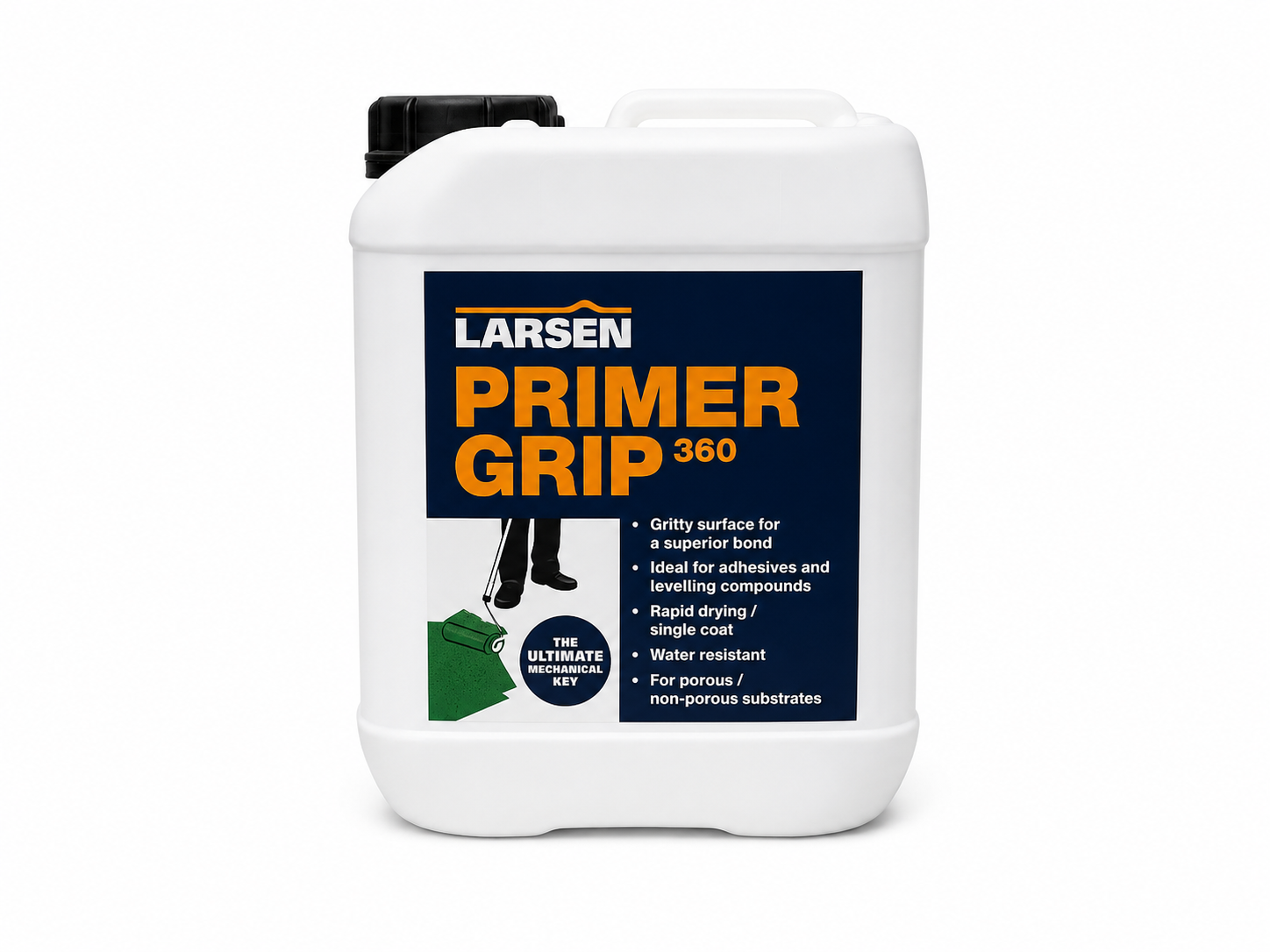 A white plastic canister of Larsen Primer Grip 360 primer with a black cap and a dark blue label featuring orange and white text.