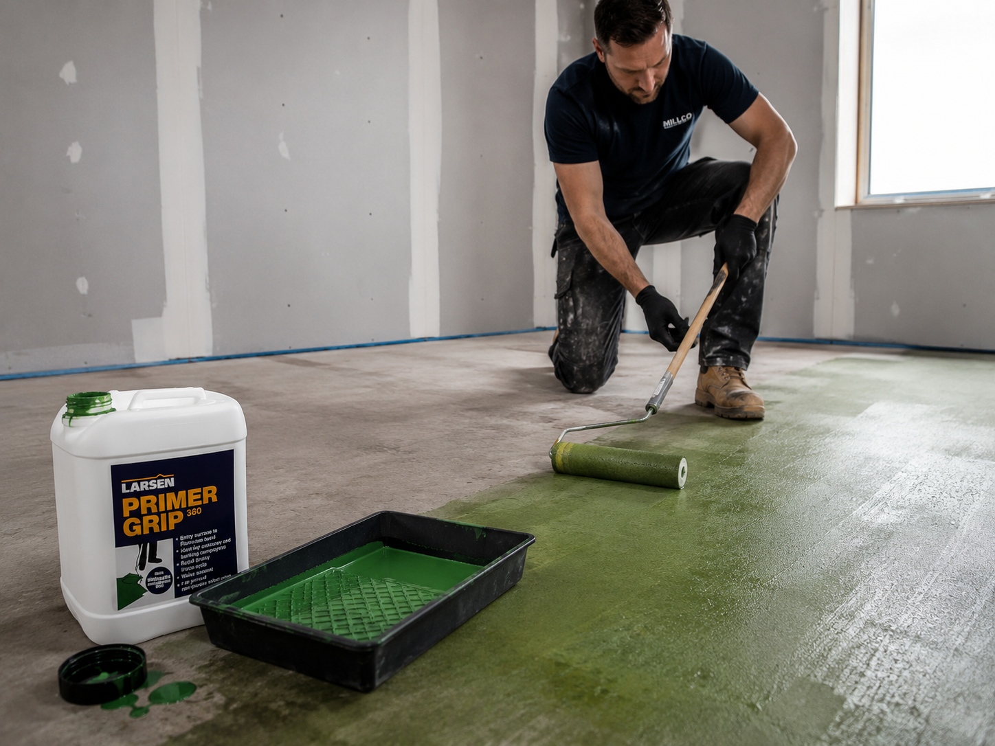 A man kneels on a concrete floor in a room, applying a green primer with a paint roller. A large white container labeled Laser Primer Grip is visible in the foreground next to a black tray filled with the green primer.