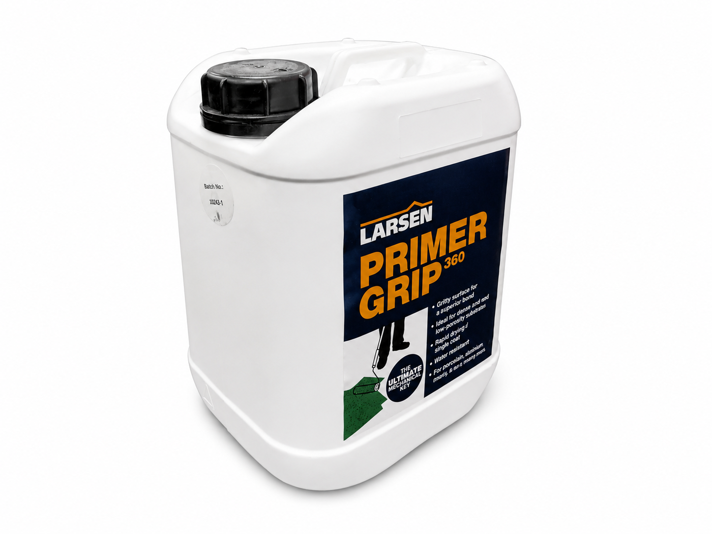 A white plastic canister of Larsen Primer Grip 360 with a black cap and a dark blue label featuring orange and white text.