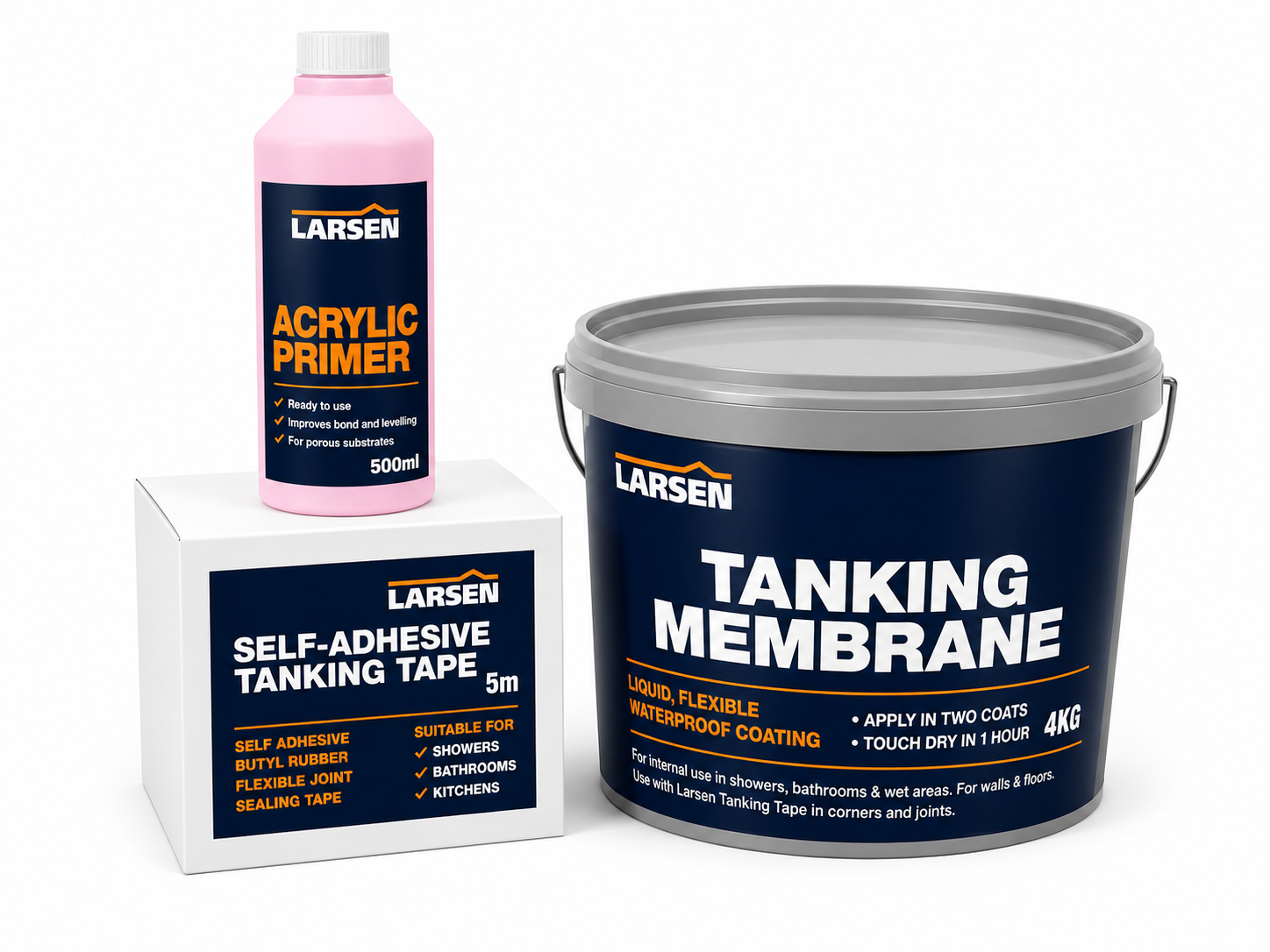 Larsen Tanking Membrane kit including a 5kg bucket of liquid flexible waterproof coating, a 500ml bottle of acrylic primer, and a box of self-adhesive tanking tape on a white background.